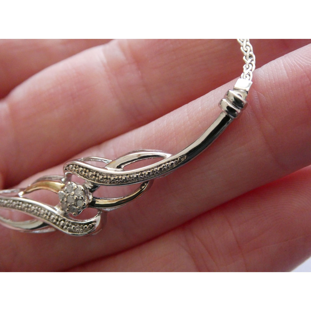Italian Sterling Silver and Gilt Accent Natural Diamond Necklace 17.5 Inches 6g
