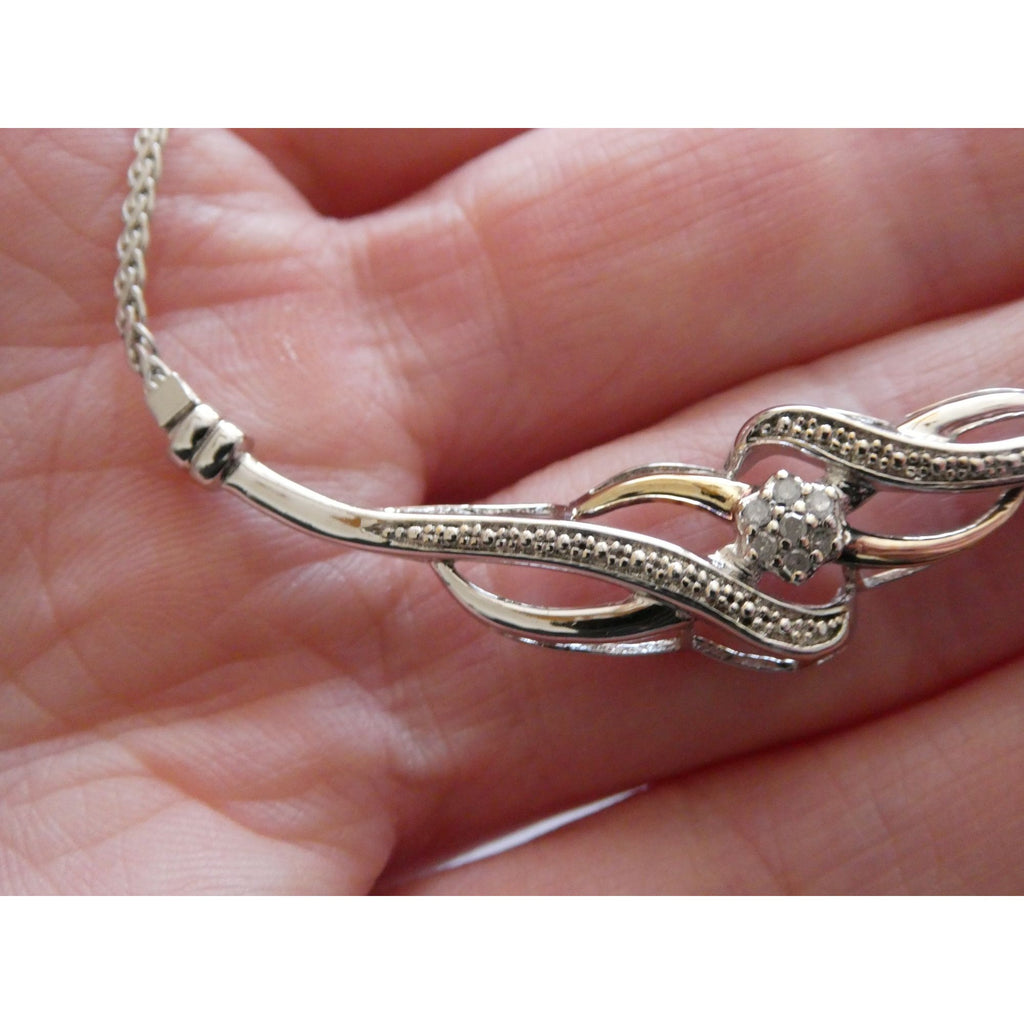 Italian Sterling Silver and Gilt Accent Natural Diamond Necklace 17.5 Inches 6g