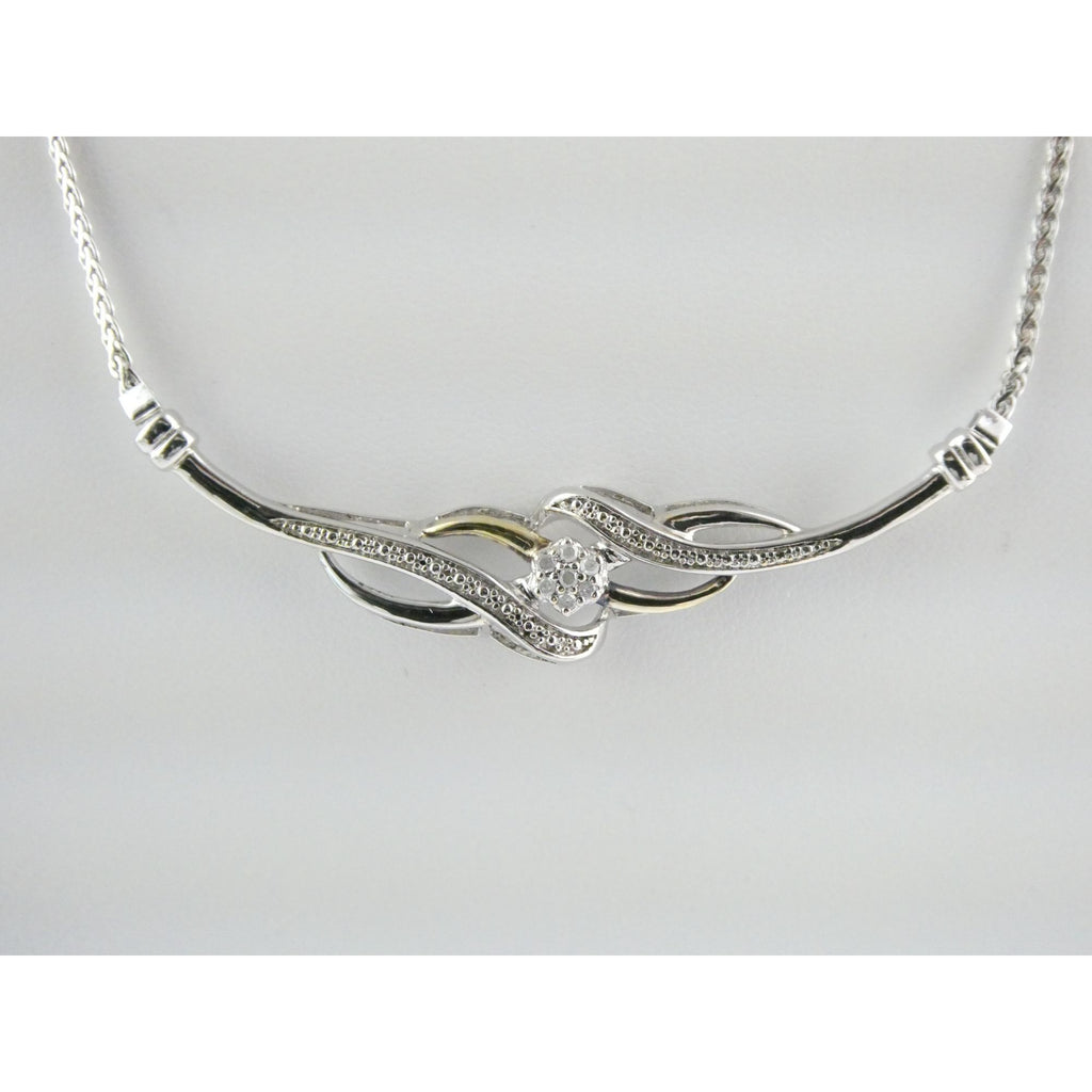 Italian Sterling Silver and Gilt Accent Natural Diamond Necklace 17.5 Inches 6g