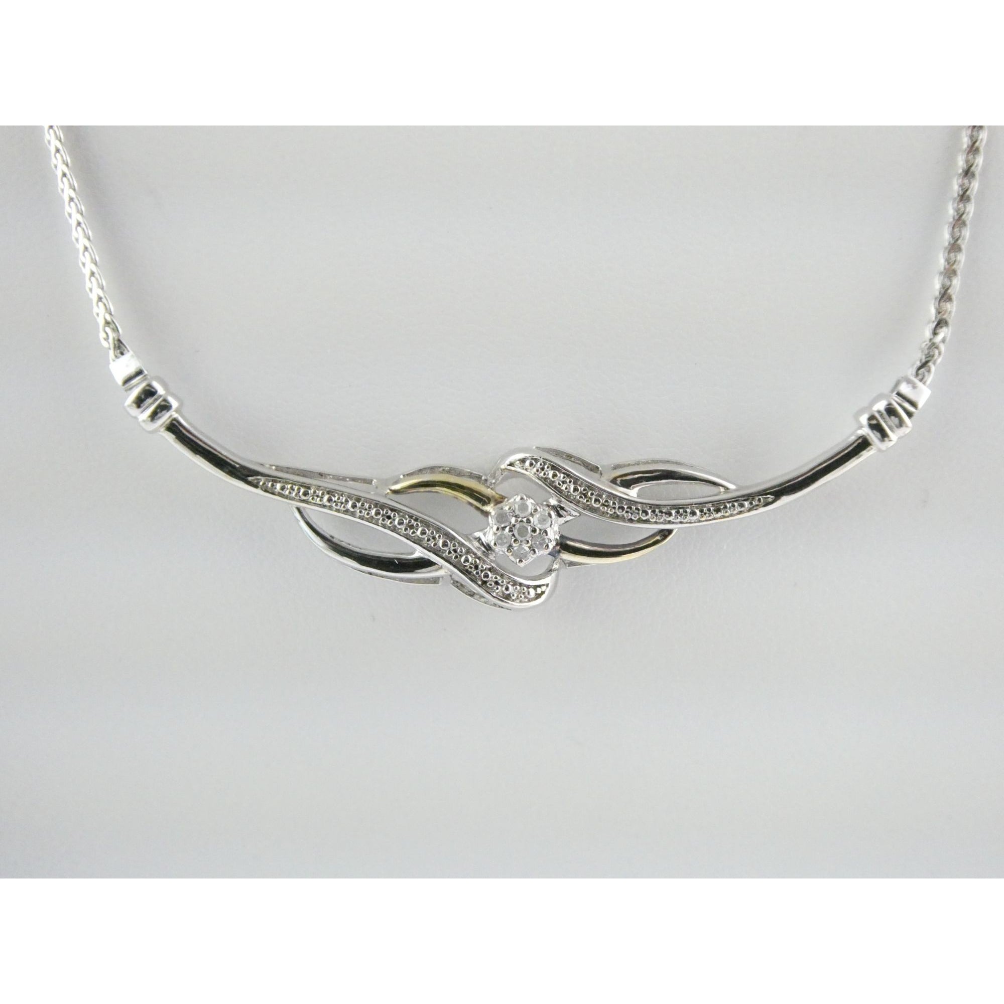 Italian Sterling Silver and Gilt Accent Natural Diamond Necklace 17.5 Inches 6g