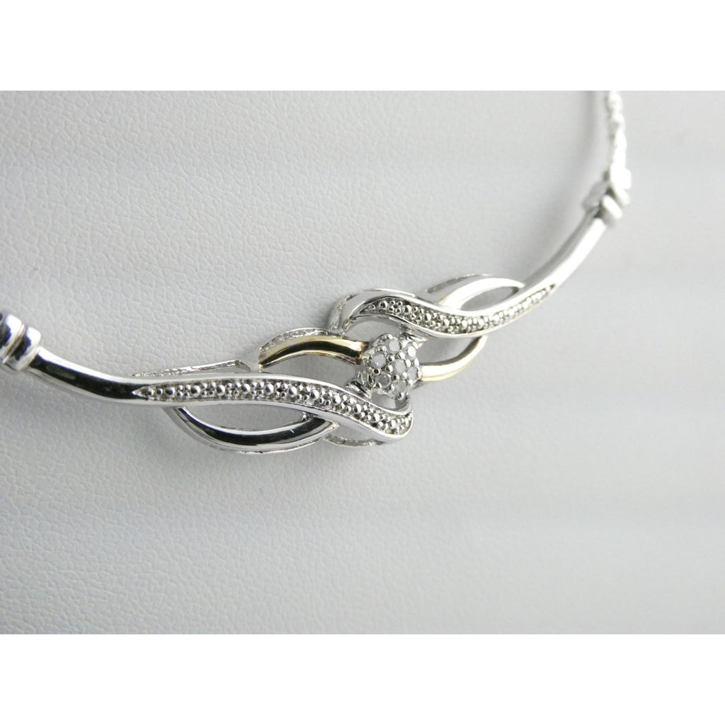 Italian Sterling Silver and Gilt Accent Natural Diamond Necklace 17.5 Inches 6g