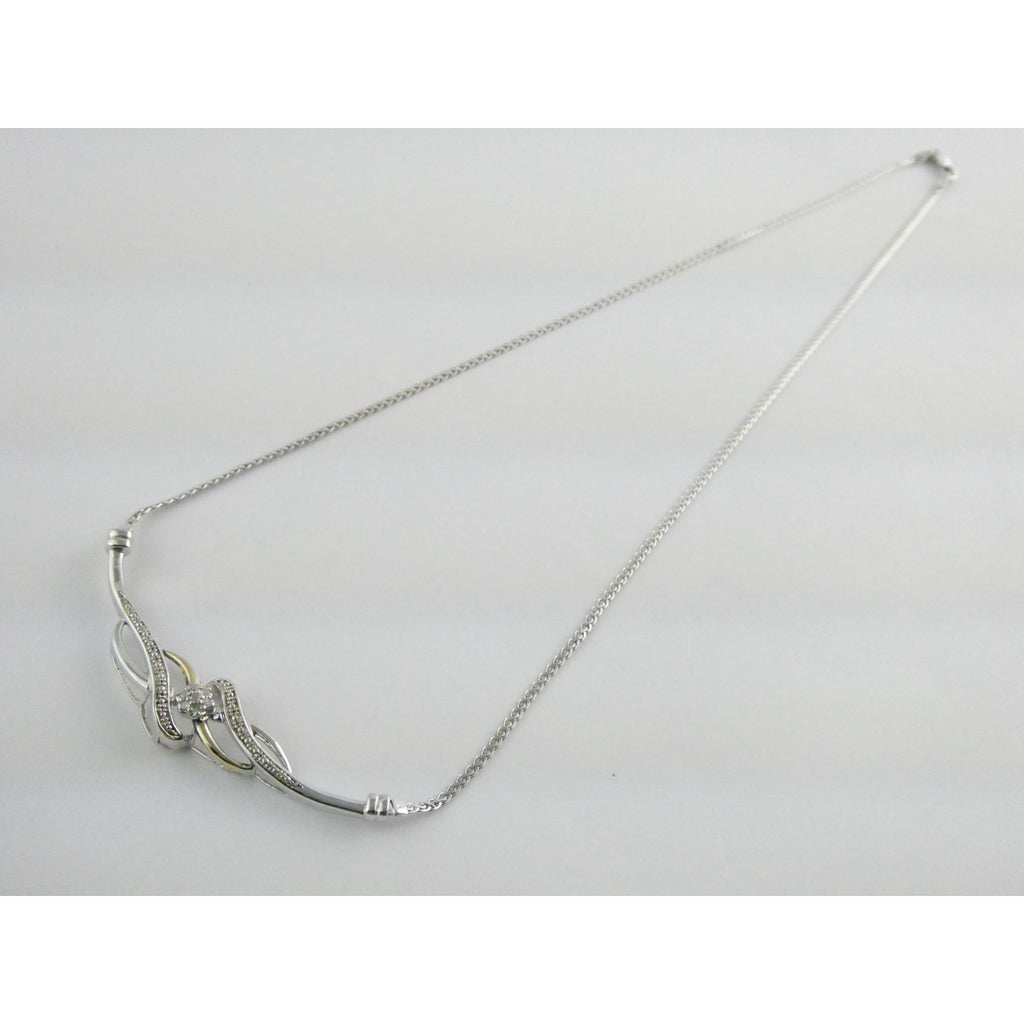 Italian Sterling Silver and Gilt Accent Natural Diamond Necklace 17.5 Inches 6g