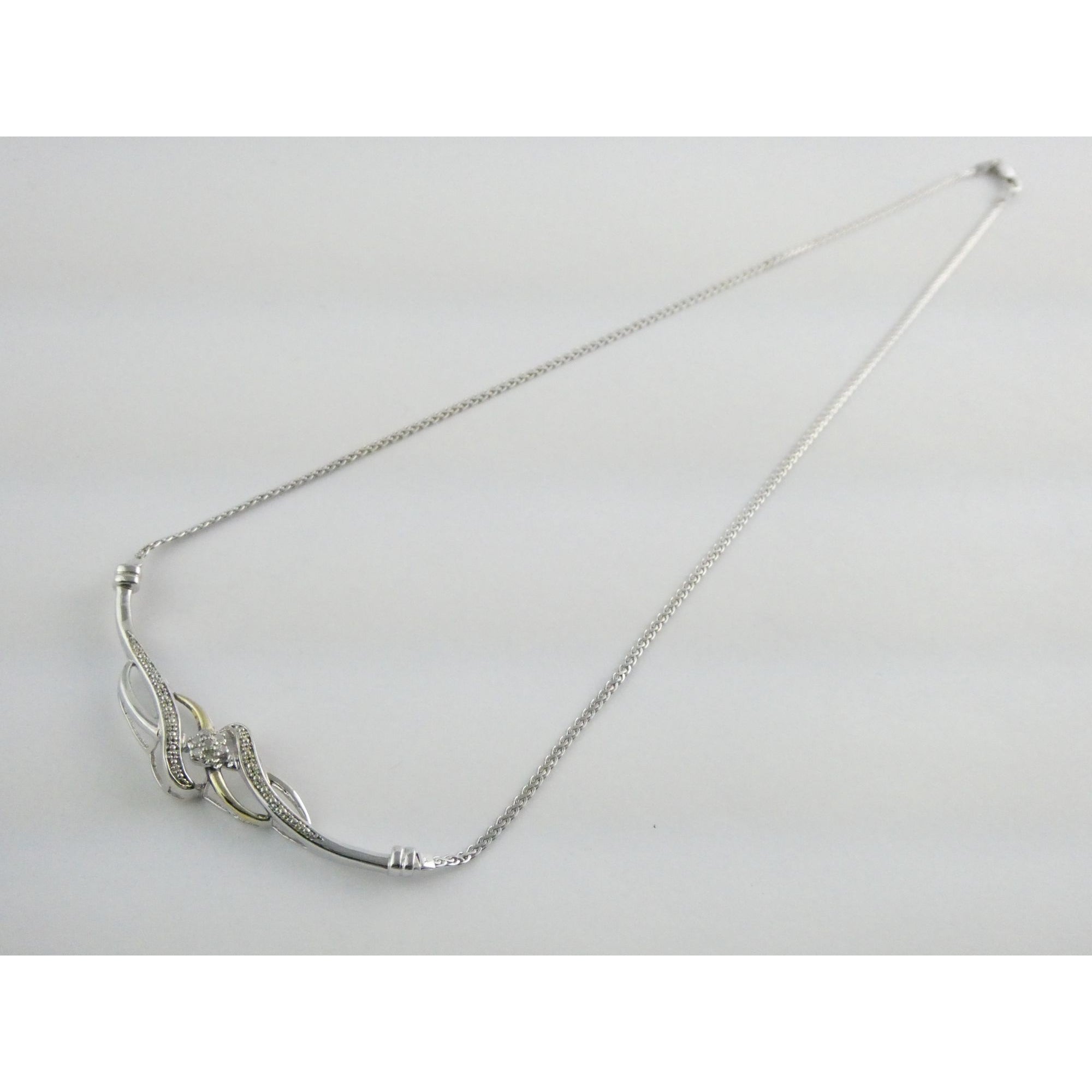 Italian Sterling Silver and Gilt Accent Natural Diamond Necklace 17.5 Inches 6g