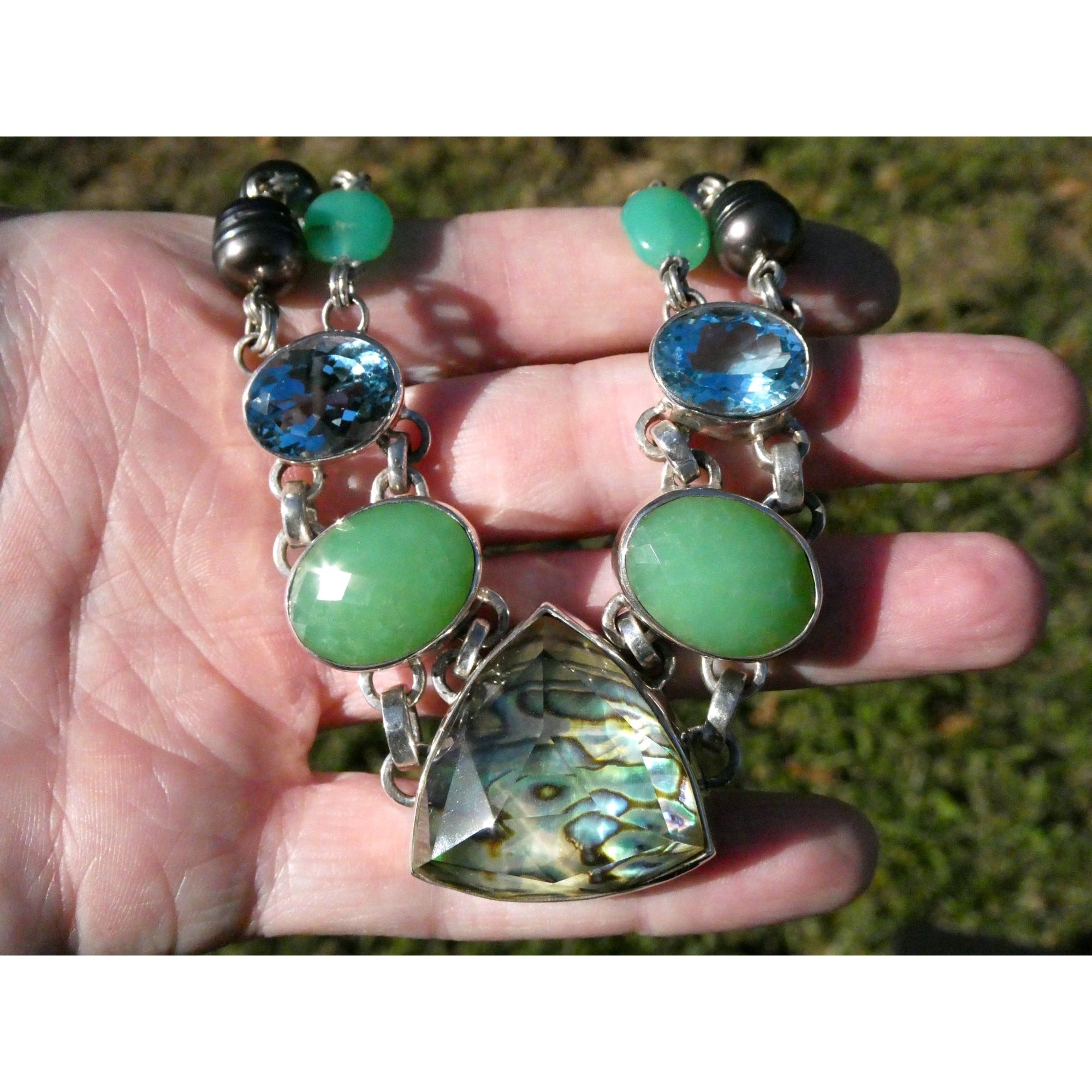 Stephen Dweck Sterling Silver Abalone Chrysoprase Topaz Pearls Choker Necklace