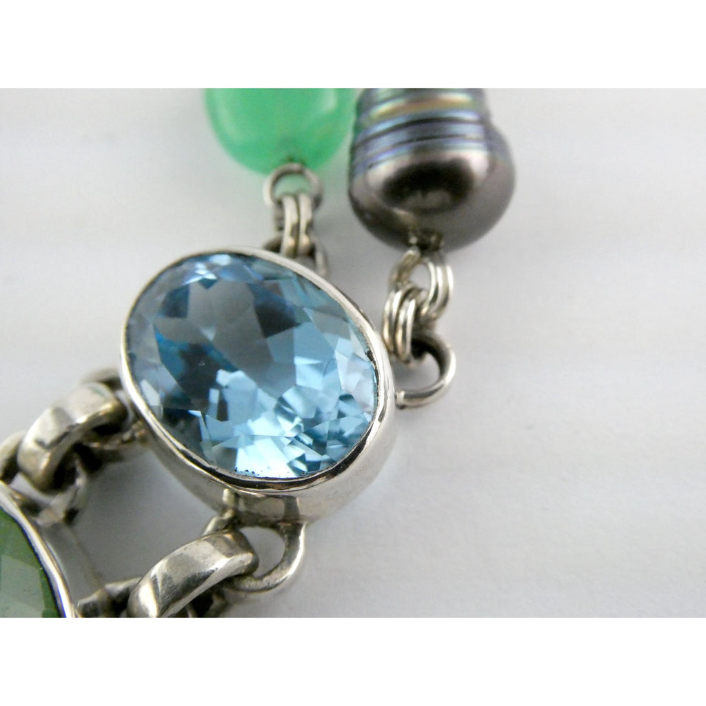 Stephen Dweck Sterling Silver Abalone Chrysoprase Topaz Pearls Choker Necklace