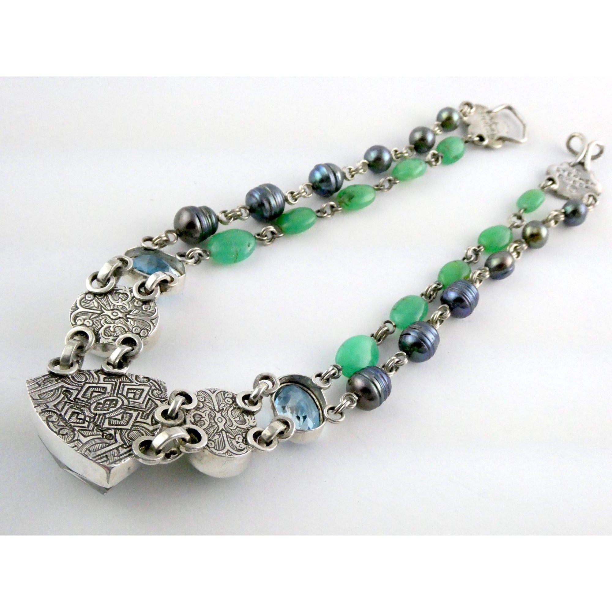 Stephen Dweck Sterling Silver Abalone Chrysoprase Topaz Pearls Choker Necklace