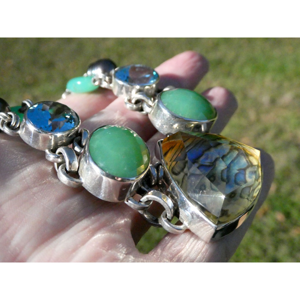 Stephen Dweck Sterling Silver Abalone Chrysoprase Topaz Pearls Choker Necklace