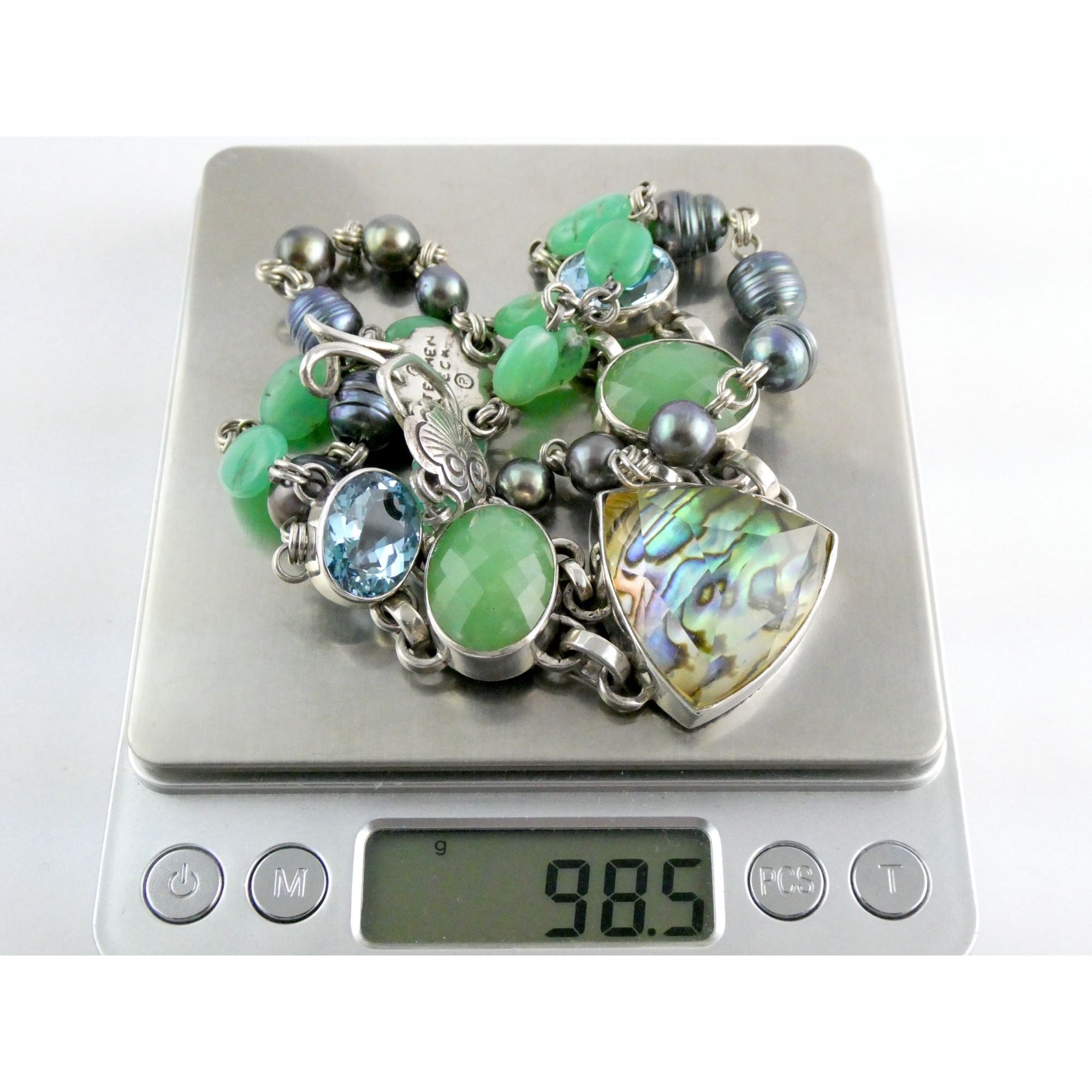 Stephen Dweck Sterling Silver Abalone Chrysoprase Topaz Pearls Choker Necklace