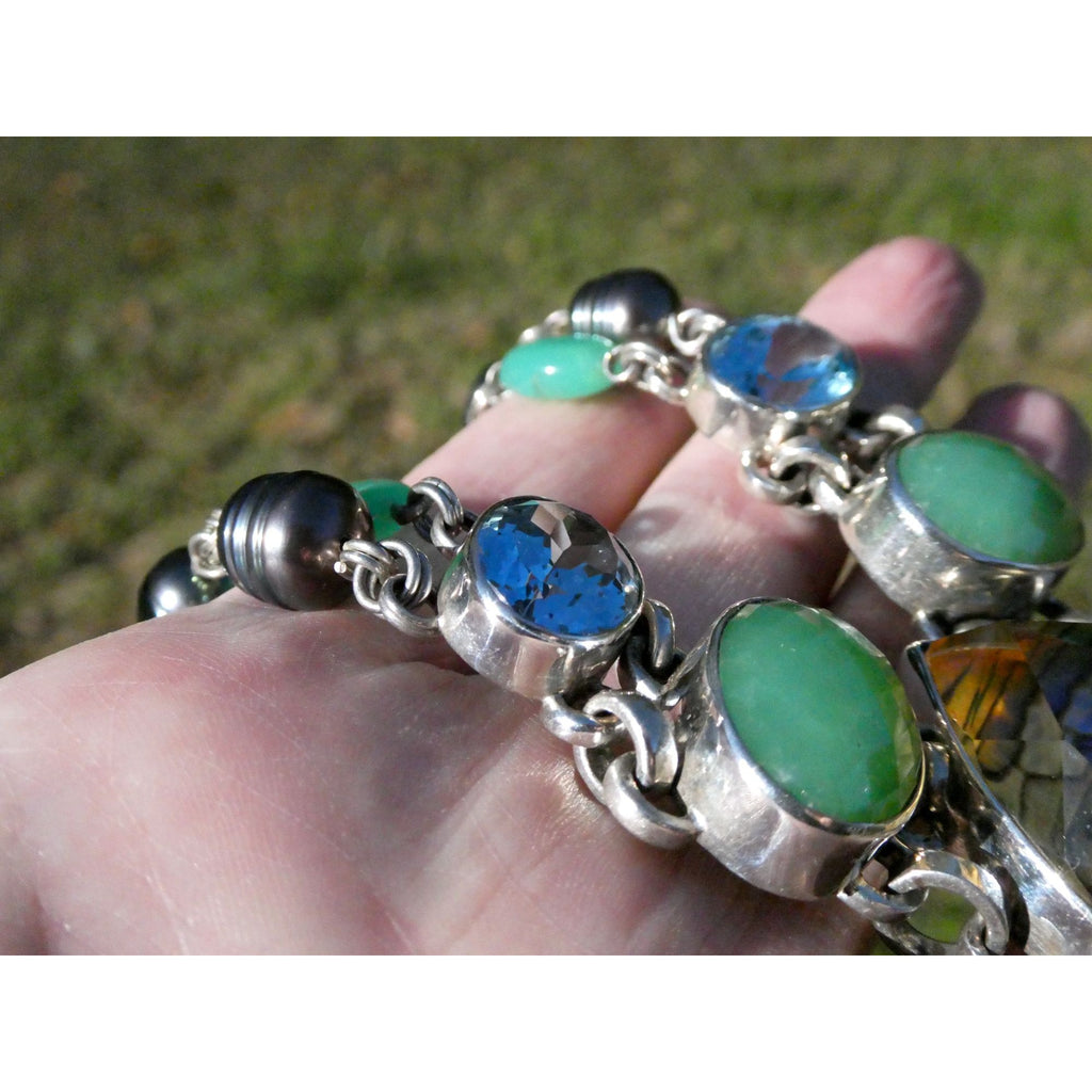 Stephen Dweck Sterling Silver Abalone Chrysoprase Topaz Pearls Choker Necklace
