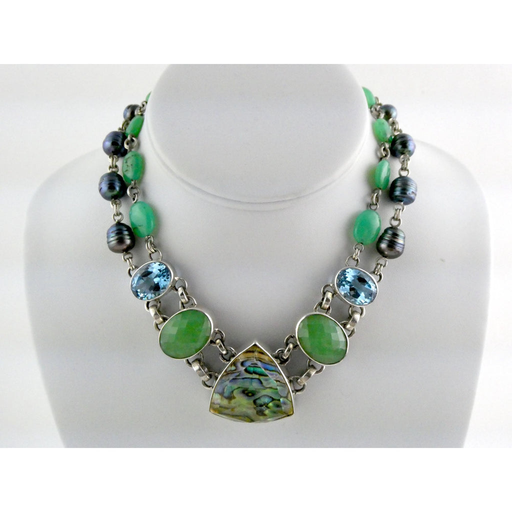 Stephen Dweck Sterling Silver Abalone Chrysoprase Topaz Pearls Choker Necklace