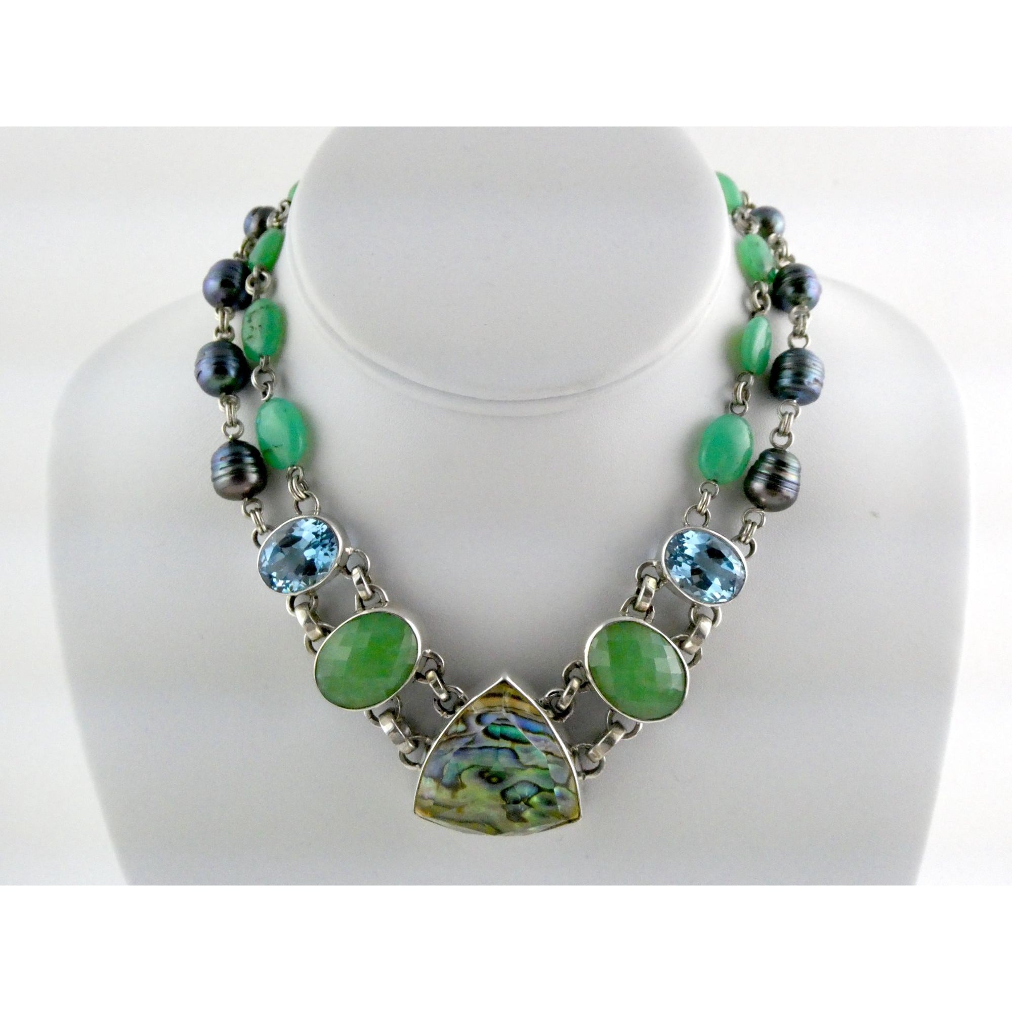 Stephen Dweck Sterling Silver Abalone Chrysoprase Topaz Pearls Choker Necklace