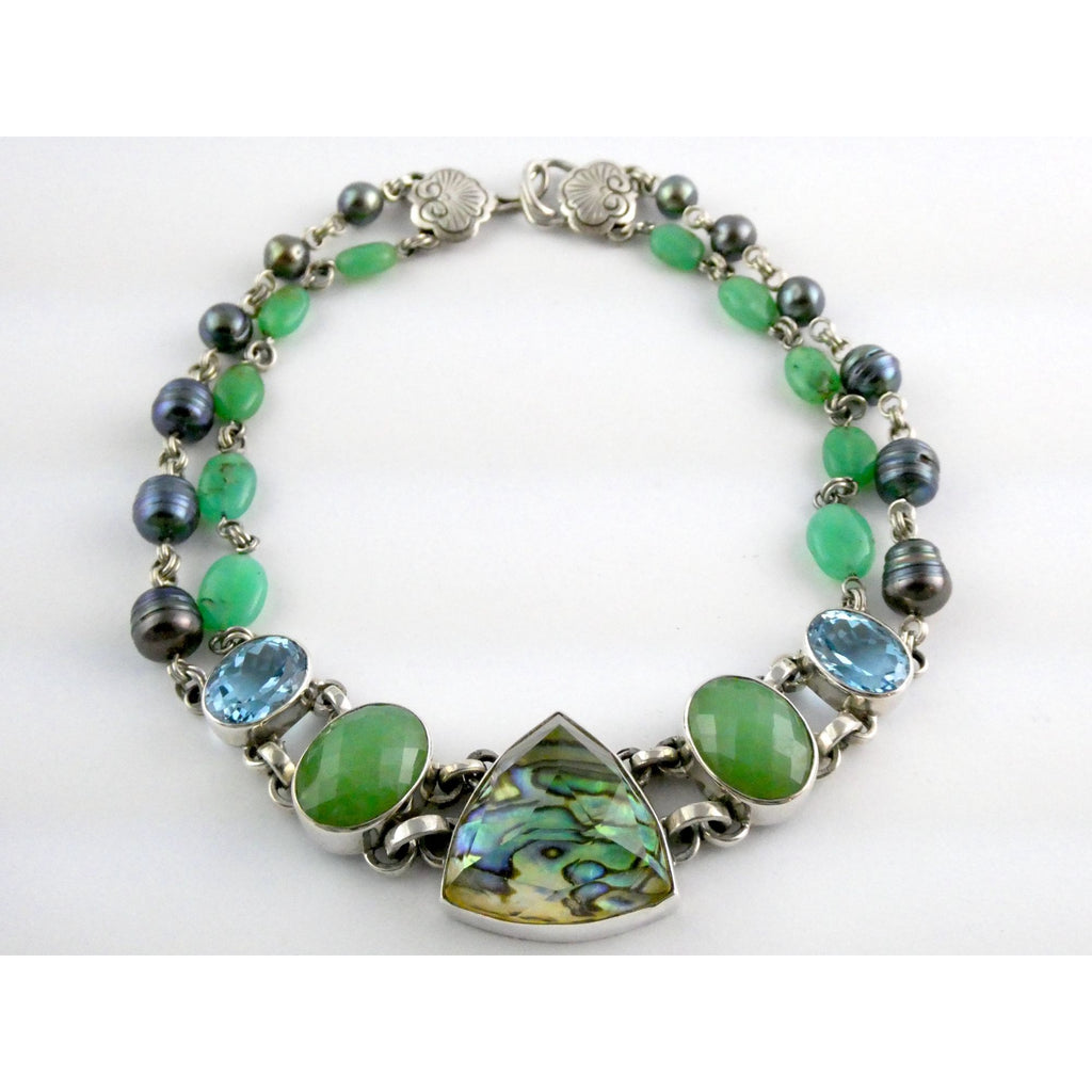 Stephen Dweck Sterling Silver Abalone Chrysoprase Topaz Pearls Choker Necklace