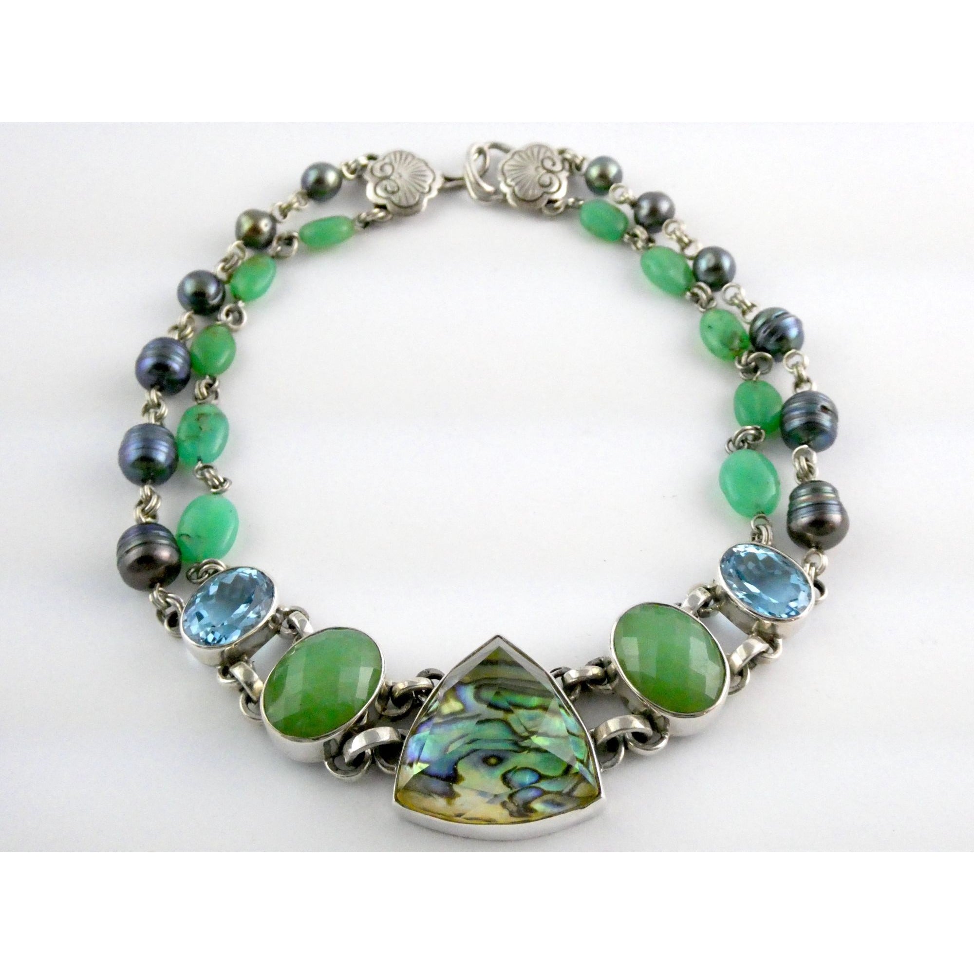 Stephen Dweck Sterling Silver Abalone Chrysoprase Topaz Pearls Choker Necklace