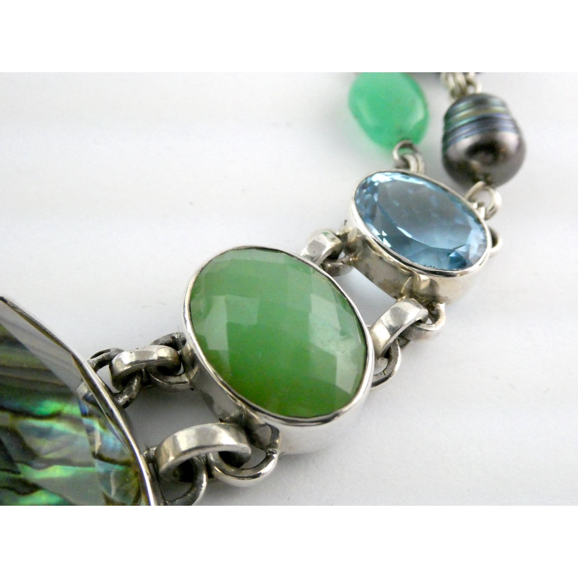 Stephen Dweck Sterling Silver Abalone Chrysoprase Topaz Pearls Choker Necklace