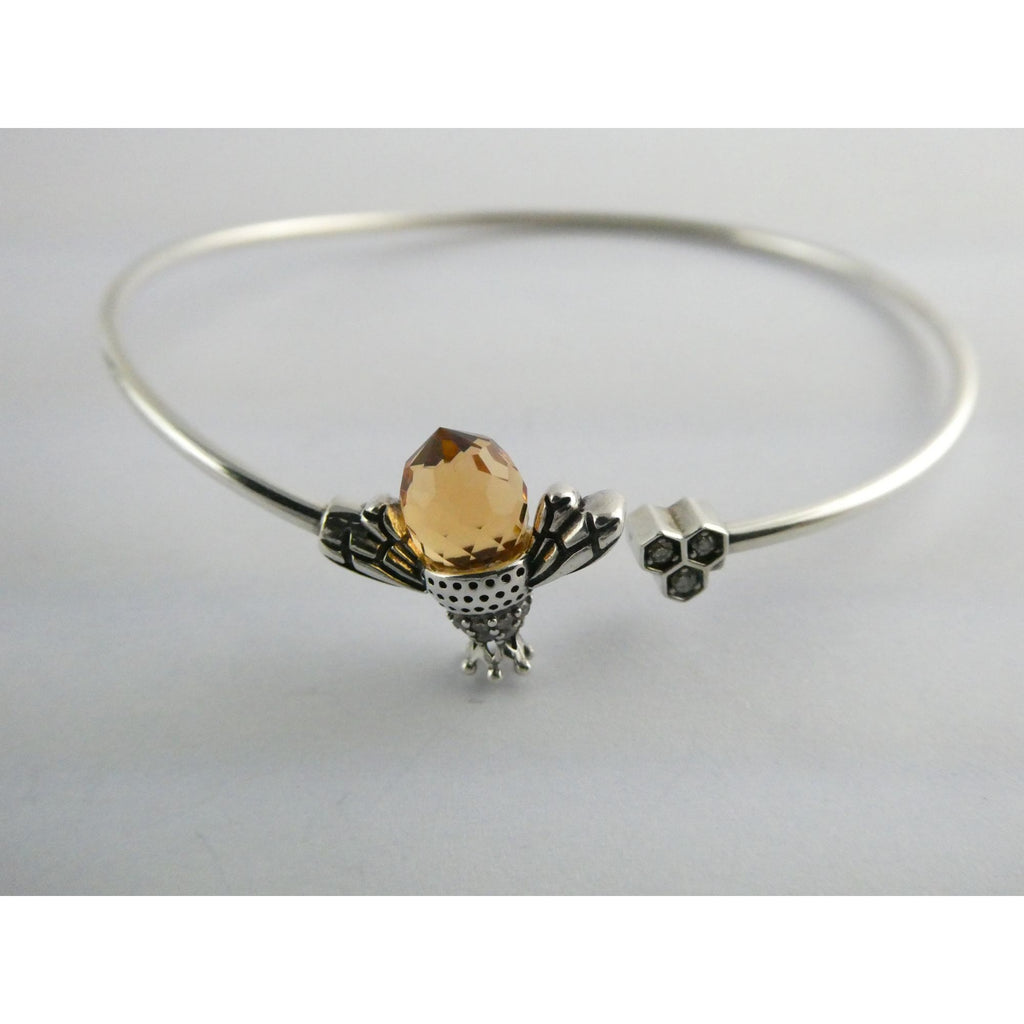 Sterling Silver Crystal Honey Bee and Honeycomb Bangle Bracelet 7.25 Inches 5.8g