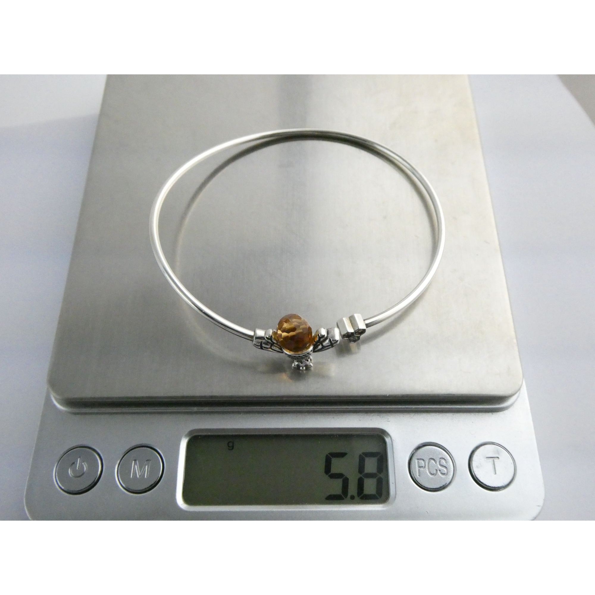Sterling Silver Crystal Honey Bee and Honeycomb Bangle Bracelet 7.25 Inches 5.8g