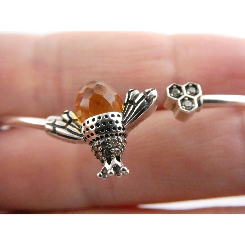 Sterling Silver Crystal Honey Bee and Honeycomb Bangle Bracelet 7.25 Inches 5.8g