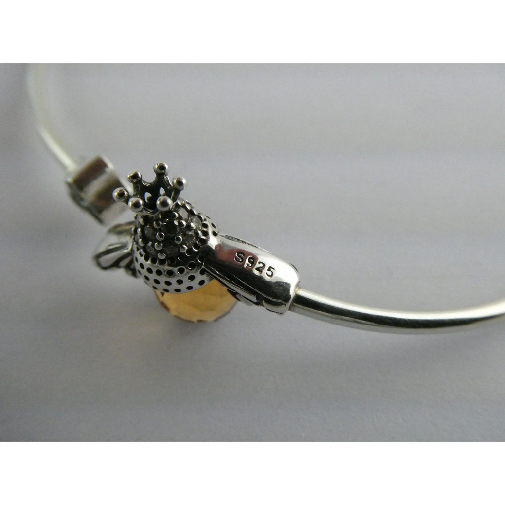Sterling Silver Crystal Honey Bee and Honeycomb Bangle Bracelet 7.25 Inches 5.8g