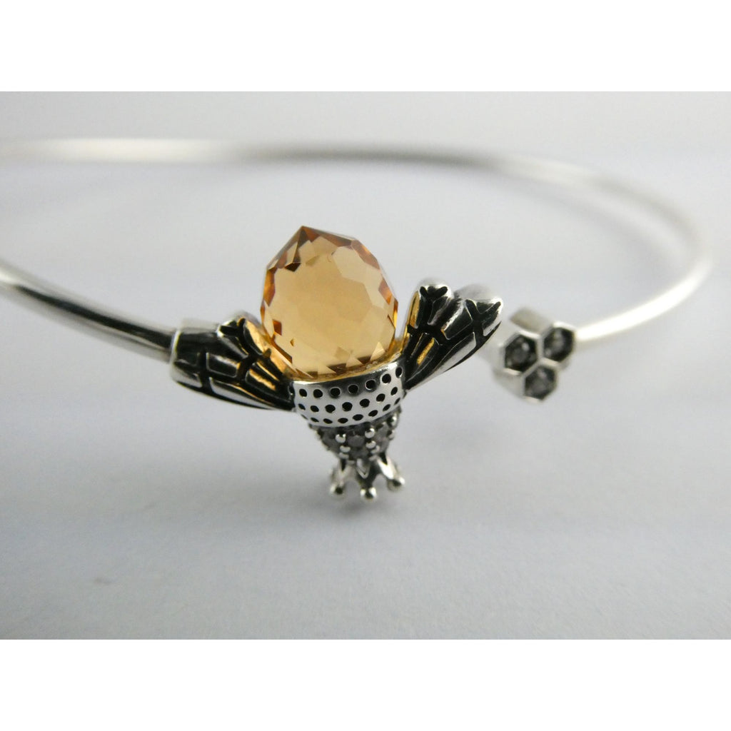 Sterling Silver Crystal Honey Bee and Honeycomb Bangle Bracelet 7.25 Inches 5.8g