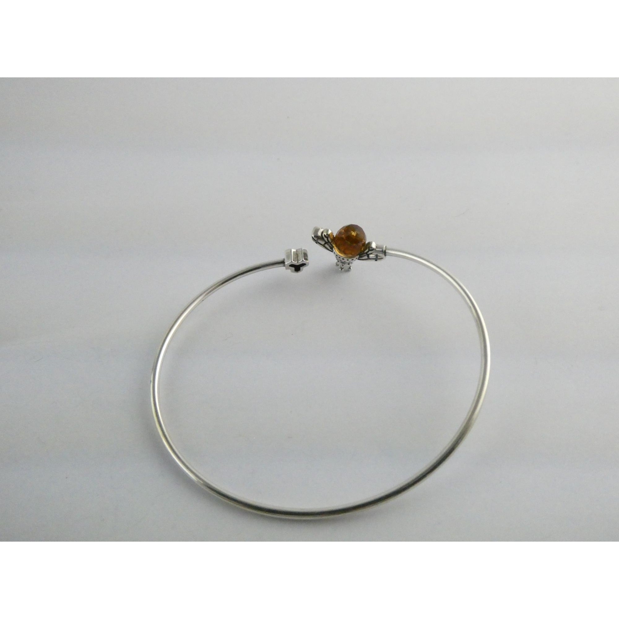 Sterling Silver Crystal Honey Bee and Honeycomb Bangle Bracelet 7.25 Inches 5.8g