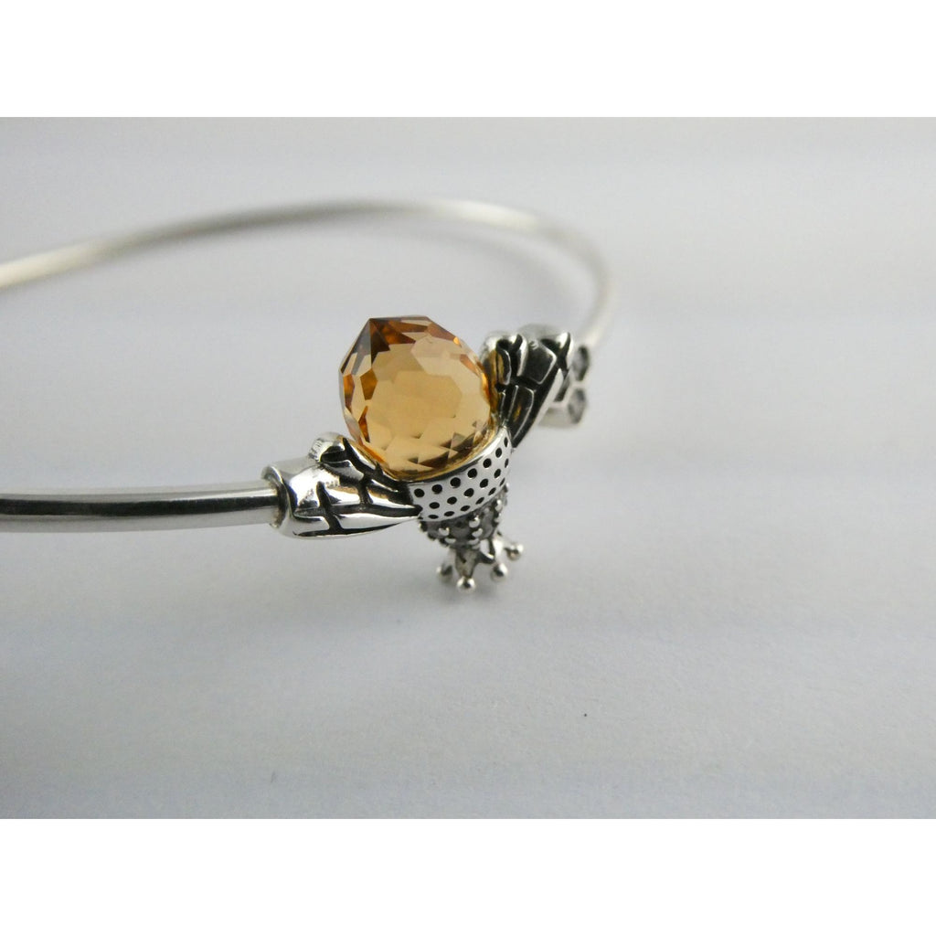 Sterling Silver Crystal Honey Bee and Honeycomb Bangle Bracelet 7.25 Inches 5.8g