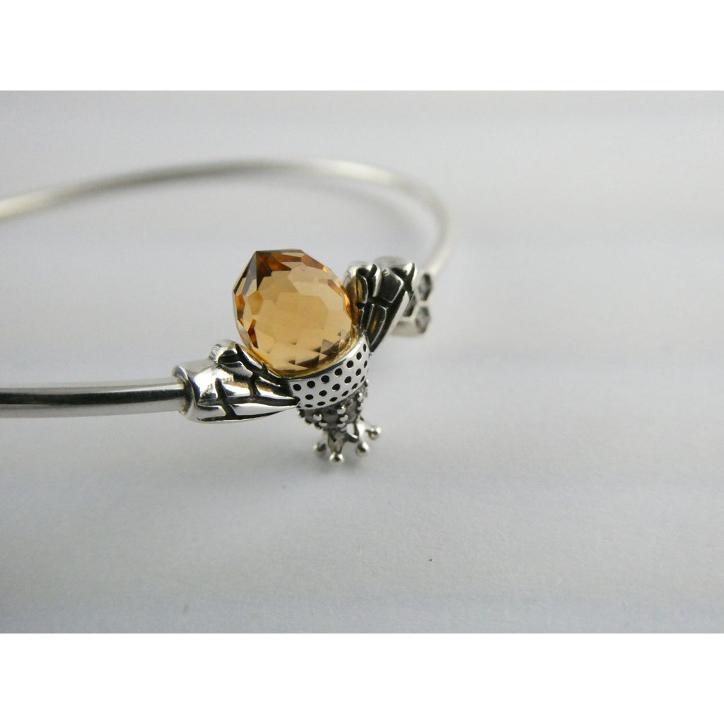 Sterling Silver Crystal Honey Bee and Honeycomb Bangle Bracelet 7.25 Inches 5.8g
